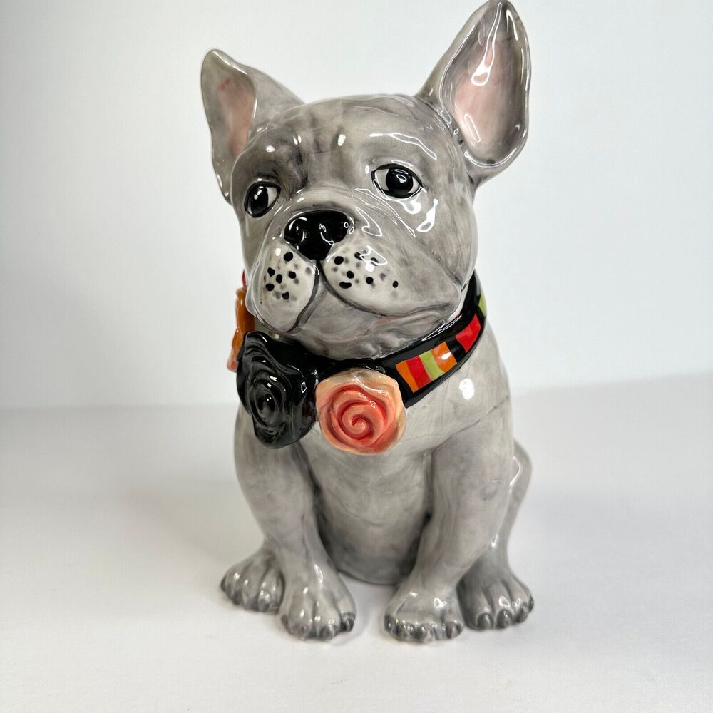 Gray Ceramic French Bulldog with Flowers Blue Sky Clayworks by Goldminc 2021